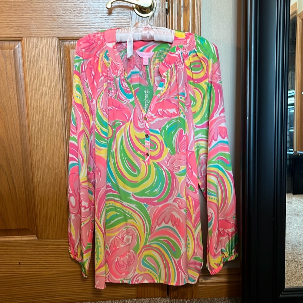 Lilly Pulitzer Vibrant Swirl Blouse in Pink, Green, and Yellow